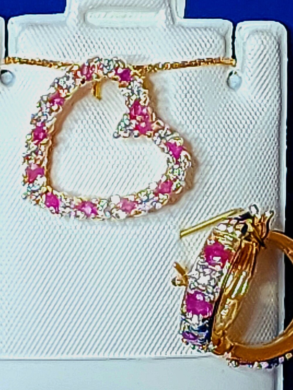 Ruby-Diamond necklace heart &  circle earrings 18k gold red & clear stones nwt - Picture 4 of 13